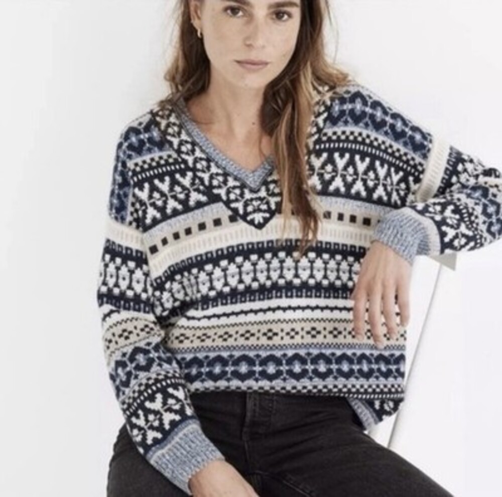 Madewell Wool Forrest Fair Isle V-Neck Pullover Sweater XS Women’s EUC Cozy